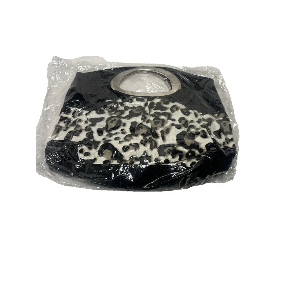 Leopard Print Handbag Silver Ring Handle Black Animal‎ Print Satchel Bag